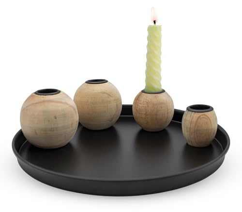 Magnet Kerzentablett rund schwarz mit 4 Holz Halter für Stabkerzen - 23 cm - Metall Kerzenständer mit 4 magnetischen Holzkugel Kerzenhalter Kerzentablett Adventskranz Kerzenständer