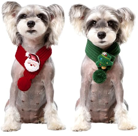 BSITSSS 2 Pieces Cat Dog Christmas Outfit, Santa Christmas Tree Cat Dog Scarf Knitted, Green and Red Pet Scarf Costume with Fuzzy Pompom for Xmas Winter Pet Puppy Kitten Costume Accessories
