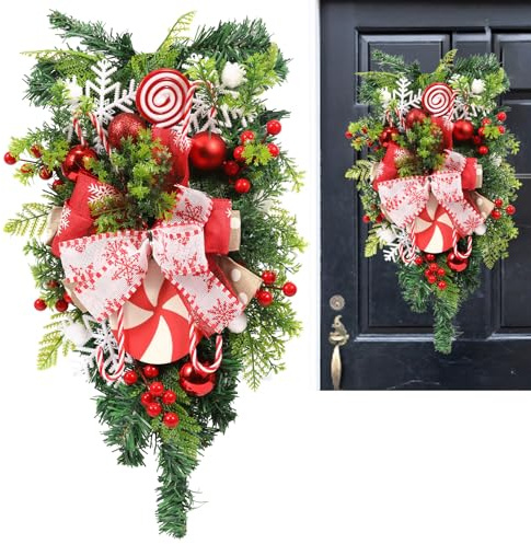 Christmas Candy Cane Wreath for Front Door Xmas Teardrop Swag Decorations Christmas Garland with Ball Bow Ornaments for Indoor Outdoor Home Window Wall Hanging Pendant, 17.7 * 11.8 Inch