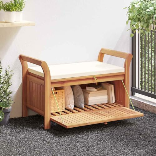 Hoopleep Garten-Truhenbank aus massivem Akazienholz, 91 cm, mit cremeweißem Kissen, robust für Außenbereich, Terrasse und Gartenmöbel