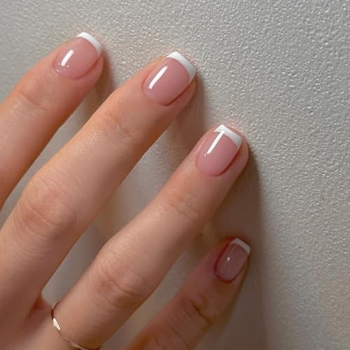 24pcs Short False Nails French Tip Square, White Edge Stick on Nails Nude Pink Elegant Design, Short Fake nails with Glue-Full Cover Acrylic Nail Tips Glue on for Women Girls Nails Art