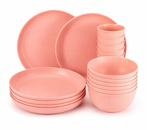 GREENSAPPIRE 18Pcs Plates and Bowls Set Camping Plates Unbreakable Dinner Set for 6 -Platess and Bowls Set for Home Picnic Lightweight Microwave Dishwasher(Pink)