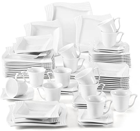 MALACASA Dinner Sets,60-Piece Plates and Bowls Set with 12 Piece Porcelain Dinner Plates/Dessert Plates/Soup Plates/Cups and Saucers,Plates Set for 12,Ivory White,Series Amparo