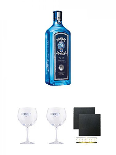 Bombay Sapphire East Gin 0,7 Liter + Citadelle Ballon GIN Glas 1 Stück + Citadelle Ballon GIN Glas 1 Stück + Schiefer Glasuntersetzer eckig ca. 9,5 cm Ø 2 Stück