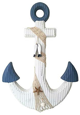 Rainbow Handcrafts Nautical Rustic Wooden Anchor with Rope Crosses Wall Art Decor, Beach Wall Art Anchor, Hanging Wood Crossbar Anchor Decorative Home Bathroom Office Beach Theme Decoration 18''H （White）