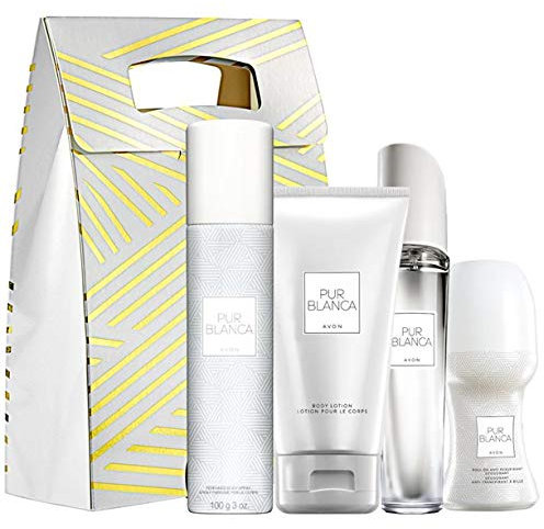 Avon Pur Blanca Parfumset 4 tlg. Eau de Parfum Spray/Bodylotion/Deoroller/Parfumroller blumig/frisch + goldene Geschenktasche