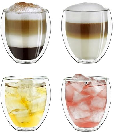 Creano doppelwandige Gläser 250ml „DG-Bauchig“, 4er Set, großes Thermoglas doppelwandig aus Borosilikatglas, Kaffeegläser, Teegläser, Latte Gläser, Doppelwandgläser