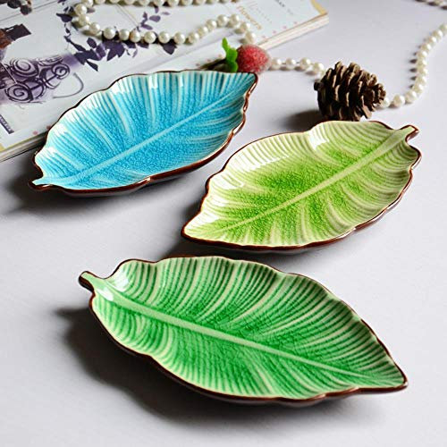 LINWX 1pcs Feuille de bananier Forme Feuille Plat Vaisselle en céramique glaçage Fissure Glace Beaux Plats de Sushi Vaisselle Petit Plat Plat, Couleur: Vert