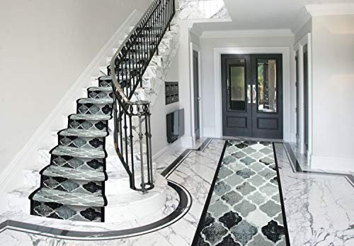 Bravich RugMasters Anejo Grey Rubber Backed Non Slip Machine Washable Very Long Hallway Hall Runner Narrow Rugs Custom Length Stair Mats 2'2x12'FT (66x366cm)