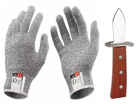LdawyDE Austernmesser Oyster Shucker 6.7‘’ Austernöffner mit Holzgriff mit 1 Paare Schnittfeste Handschuhe(26cm) der Klasse 5 für BBQ Muschelschalentiere und Meeresfrüchte