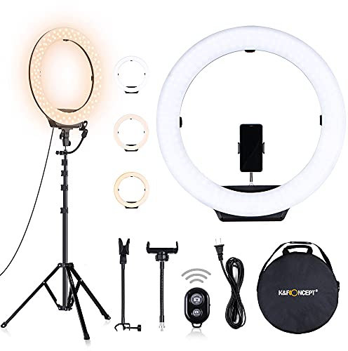 K&F CONCEPT 18” LED Ring Light with 93” Adjustable Tripod Stand, Bi-color 3200-6500K Light with Phone Holders and Clips, Remote Control for Photography, Tik Tok, Makeup, Selfie
