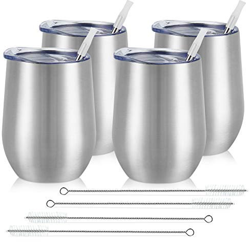 Lifecapido Lot de 4 verres à vin isothermes sans pied en acier inoxydable de 355 ml avec couvercles et pailles, pour café, cocktails, vin, champagne, argenté