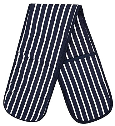 Heat Resistant Cotton Double Oven Traditional Still Modern Stripe Quilted Gloves Pot Holder For Home Kitchen Baking (Navy Blue)