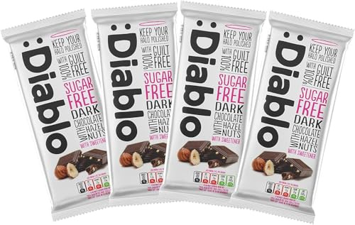 Diablo Dark Chocolate with Hazelnuts, Sugar-Free Chocolate Bar, 4 x 85g | Rich Cocoa Flavour, Ideal for Birthdays, Valentines, Anniversaries, Gift Baskets and Hampers, Individually Wrapped