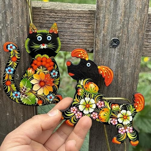 Handgemachter Christbaumschmuck Katze und Hund Paar 2 Tiere Holzfiguren für Christbaum Beidseitig Handbemalt Ukrainische Petrykiwka-Malerei -Weihnachtsgeschenk für Tiereliebhaber