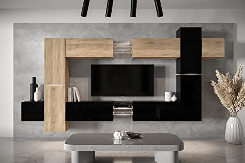 Furnitech Wohnwand Wohnzimmer - Möbel mit LED Weiß - Hängend Wohnwand Modern - Schrankwand mit Regale und TV Schrank (AN91NEW-21SB-HGM28)