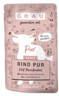 GRAU – das Original – Nassfutter für Katzen - Rind pur (Pouchbeutel), 16er Pack (16 x 125 g), Monoprotein, für Erwachsene Katzen