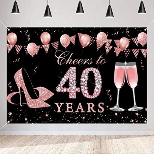 40th Birthday Decorations for Women, Happy 40 Years Old Backdrop Banner Fabric Sign Poster, Rosegold 40th Birthday Party Supplies Photo Background Welcome Sign, 150 cm x 90 cm