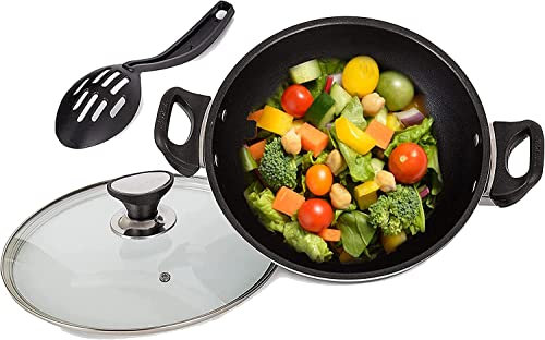 Milosc Non- Stick Cooking Wok with Glass Lid Induction Suitable for All Cooking Hobe Deep Fry Pan Non Stick Stainless Steel Aluminium Cokeware 32cm Size