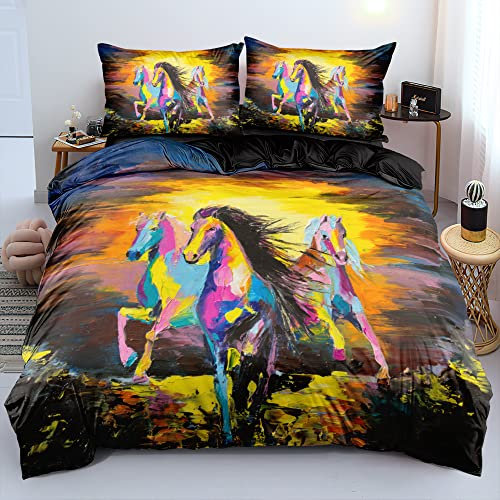 Gezu Schwarze Bettwäsche 135x200cm Pferd Motiv Farbe Kunst Gelb Orange Weich und Bügelfrei 100% Microfaser mit Reißverschluss und Kissenbezug 80x80cm Wendebettwäsche Garnitur Set