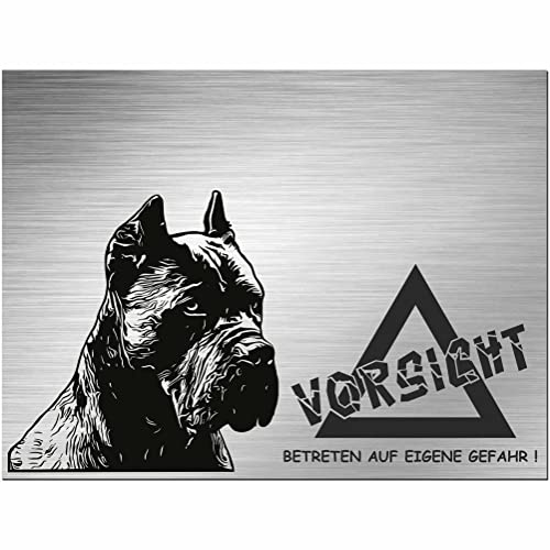 Indigos UG - Schild Cane Corso - bedruckt - Vorsicht Betreten auf eigene Gefahr! - Aluverbundplatte Edelstahl Look - 20x15 cm - Spruch - Deko Geschenkidee für Ihren Hund - Zaun - Türschild