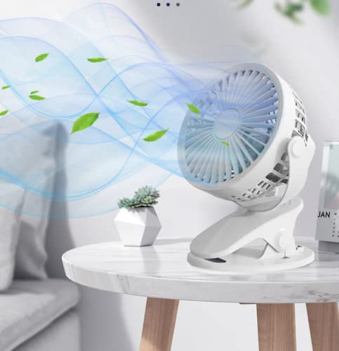 AH® USB Desktop Fan, 3 Speed 360° Adjustable Portable Clip on Stroller with 1200mAh Rechargeable Battery - Powerful Airflow, 3D Spiral Blades, Brushless Motor for Home Office (White)