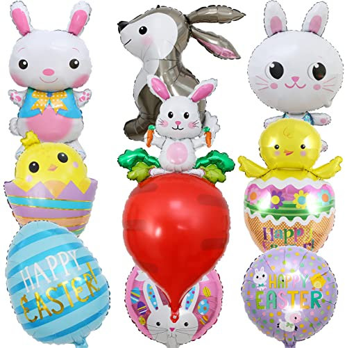 WIDEBG Ostern Dekoration Folienballon Ostern Hase Deko Happy Easter Ballons Ostereier Küken Luftballons Heliumballon Ostern Party Osterdeko Luftballon Karotte 9 Stück