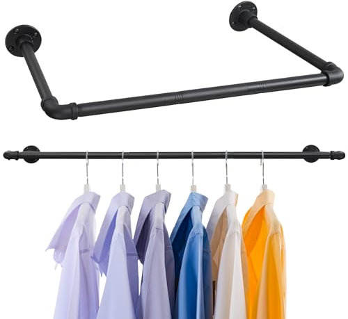 Industrielles Kleiderstangenregal, 81-116 cm Wandmontierte Kleiderstange, Mattschwarze Garderobenstangen aus Metall mit doppeltem Sockel für Kleiderschränke