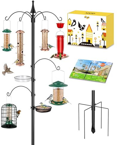 iBorn Bird Feeders Hanging Station Wild Bird Feeding Station Stand Heavy Duty 1 Inch Pole W/Removable Mesh Tray Water Tray, 6-Hooks, 5-Prong Pole Stabilizer (Bird Feeders NOT Included)