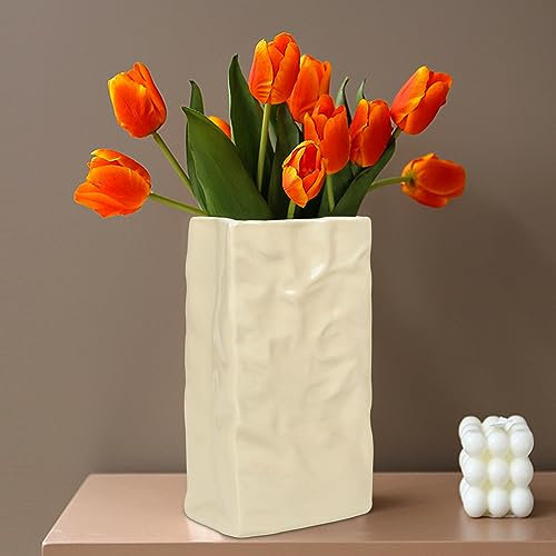 TANXAKUFAN Keramik-Papiertüten-Blumenvase, einzigartige Blumenvase für modernes Zuhause, minimalistisches Dekor, Bücherregal Vase für Blume, weiße Keramik-Blumenvase, cremefarben