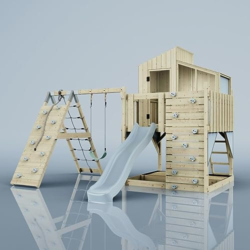 Rebo Outdoor Spielturm mit Wellenrutsche | Spielhaus aus Holz mit Kinderschaukel, Kletterwand, Kletternetz | Stabile Konstruktion, Weiches Gefühl in den Seilen