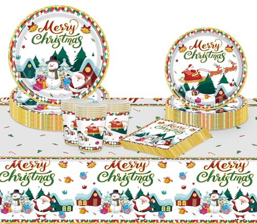 TOPWAYS Christmas Decorations Tableware Set, 16 Guests Xmas Disposable Paper Napkins Plates Cups Tablecloth for Christmas Party Supplies Decor (Snowman)