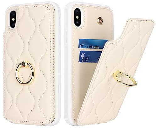 SailorTech iPhone X Hülle mit Kartenhalter für Frauen, iPhone XS Handyhülle Ring-Ständer [Kartenfach] [Standfunktion] Niedliche und modische Tasche für iPhone X/XS - Beige