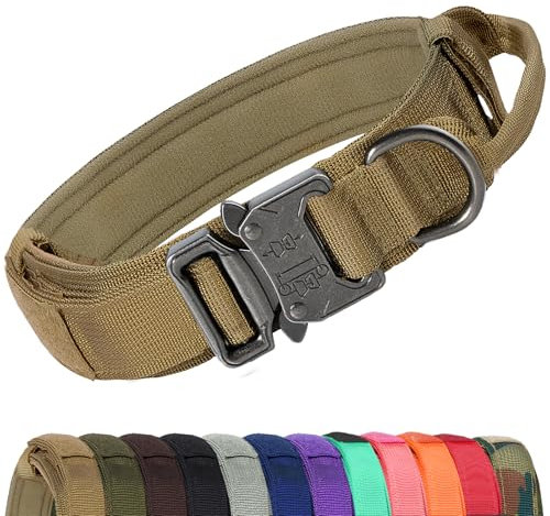 Joytale Collier Chien Tactique, Réglable Collier pour Chien avec poignée pour Chiens de Taille Moyenne Collier de Chien de 3,8 cm de Large Collier de Chien en Nylon, Kaki, M