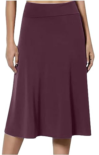 Wine Midi Skirts for Women UK Elasticated Waist Skirts Ladies Pleated A Line Knee Length Jersey Pencil Skirt Casual Summer Swing for Office Work Holiday Skirt