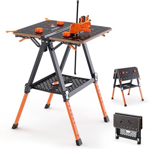 GOPLUS 2 en 1 Table de Travail et Chevalet de Sciage, Établi Pliable avec 8 Hauteurs Réglables, Étagère à Outils, 2 Pinces Rapides, 4 Griffes de Serrage, Cadre Métallique, Charge 454 kg