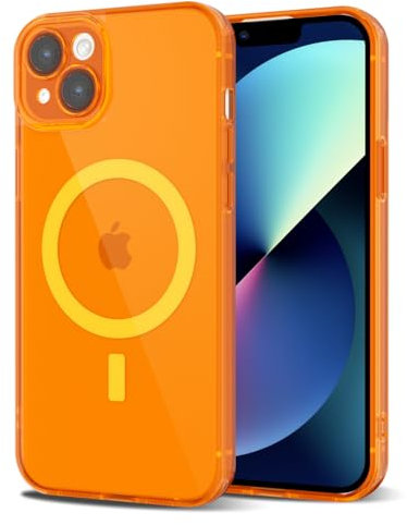 Svanove for iPhone 13 Case Clear Compatible with Magsafe, Fluorescent Transparent Magnetic Magnet Mag Case, Slim Thin Bright Silicone Grip & Shockproof Bumper Camera Cover, Neon Orange