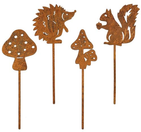 BOFUNX 4pcs Rost Gartenstecker Herbst Gartendeko Roststecker Metall Eichhörnchen Igel Pilz Herbstdeko Tier Rostfigur Rost Deko für Herbst Garten Terrasse Balkon Blumentopf