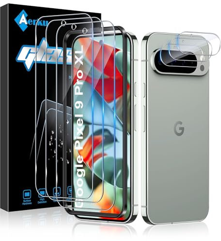 Aerku 3 Piezas Protector de Pantalla para Google Pixel 9 Pro XL con 3 Piezas Protector de Lente de Cámara, Instalación Fácil,HD Dureza 9H Vidrio, Ultra Resistente Cristal Templado para Pixel 9 Pro XL