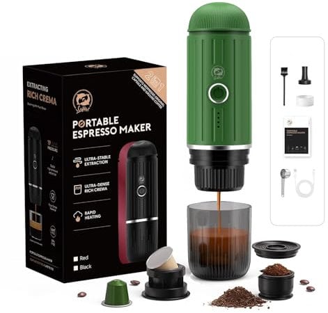 HAILASRE Tragbare elektrische EspressoMaschine, Selbst-Erwärmung 2 IN 1 Extraktions system, Crema Nespress Espresso Kaffee maschine, Unterstützung gemahlenen Kaffee und NS Kapsel, ME2218 (GREEN)