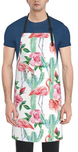 BREAUX Delantales de cocina con estampado de flores de cactus y flamencos, con bolsillos, color negro, talla única, Negro, Talla única