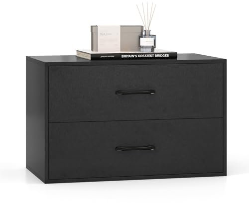 COSTWAY Wooden Chest of Drawers, Stackable 2-Drawer Dresser Storage Cabinet, Freestanding Bedside Chest Cupboard Organiser Unit for Bedroom, Living Room, Closet and Hallway, 60x34x38cm (Black)