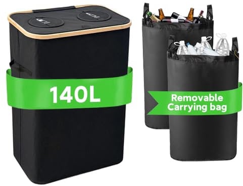 Recycling Bins for Kitchen, 140L Large Double Bin with Lid & Reusable Inner Bag, Easy to Install and Remove Bottle Collector Empties Recycling Bin for Plastic Bottles Indoor Home Kitchen Bin - Black