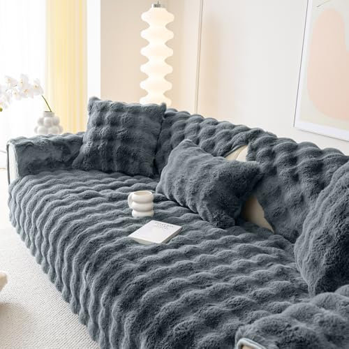 Alishomtll Plüsch Sofabezug Ecksofa 1/2/3/4 Sitzer, Universelle rutschfeste Sofa Überzug, L Form Couch Überzug Sofaschoner, Waschbar Sofaüberwurfe Sofadecke für Wohnzimmer, Dunkelgrau 90x180cm