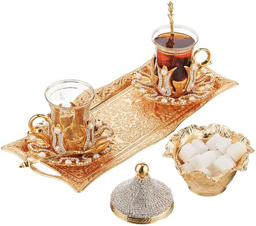 DEMMEX Turkish Tea and Coffee Serving Set for 2, 2 Glasses, Metal Glass Holders, Saucers, Spoons, Sugar Bowl and Tray, Engraved, 12x5 inch Tray, 3.3 fl Oz Capacity (Zamak Metal & Crystals, Gold)