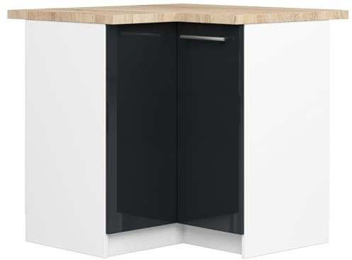 AKORD | Eck-Küchenschrank mit Arbeitsplatte - Oliwia S90 | Küchenunterschrank mit 2 Türen und 2 Einlegeböden | Unterschrank Küche 90 cm Breit | ABS-Kante 18 mm | 46x90x85 cm | Weiß & Graphit glänzend
