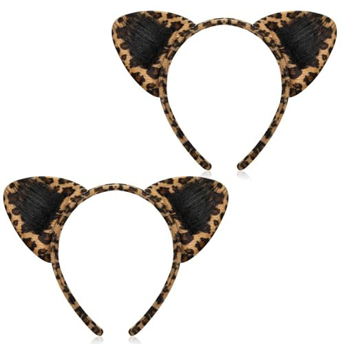 Chuangdi 2 Stück Tier Haarreife Zootiere Ohren Stirnband Tierohren Kostüm Haarreif Tiermotiv Party Kopfschmuck für Erwachsene Schminken Halloween Party Geschenk(Leopardenmuster)