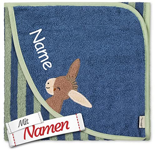 Sterntaler Kapuzenhandtuch mit Namen Bestickt für Baby & Kinder, Junge Badetuch Badehandtuch/Kinder-Badetuch mit Kapuze personalisiert, Model Esel Emmi 80x80 cm Blau Grün