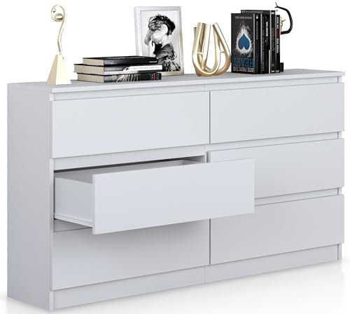 Beneli Kommode Weiß 140x40x75 cm | Schubladenkommode mit 6 Schubladen | Elegantes Sideboard für Wohnzimmer, Flur & Schlafzimmer | Stilvolle Aufbewahrung