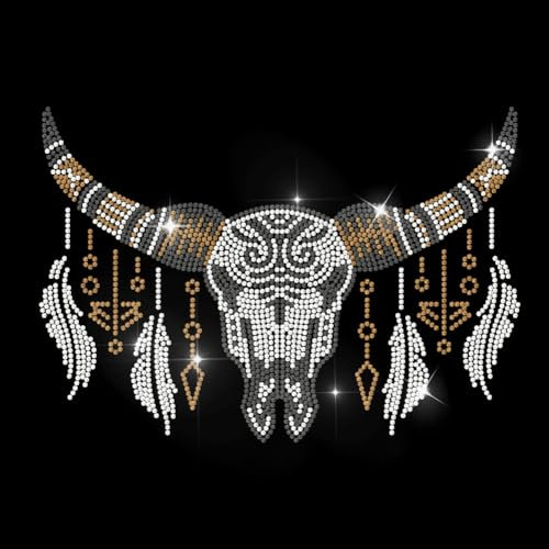 MAYJOYDIY Boho Kuhschädel Strass Aufbügler Wärmeübertragungs Patches Kuhfeder Anhänger Bling DIY Patch Reparatur Kristall Hot Fix Applikation Für T Shirt Jacke Tasche Jeans Basteln Kleidungszubehör